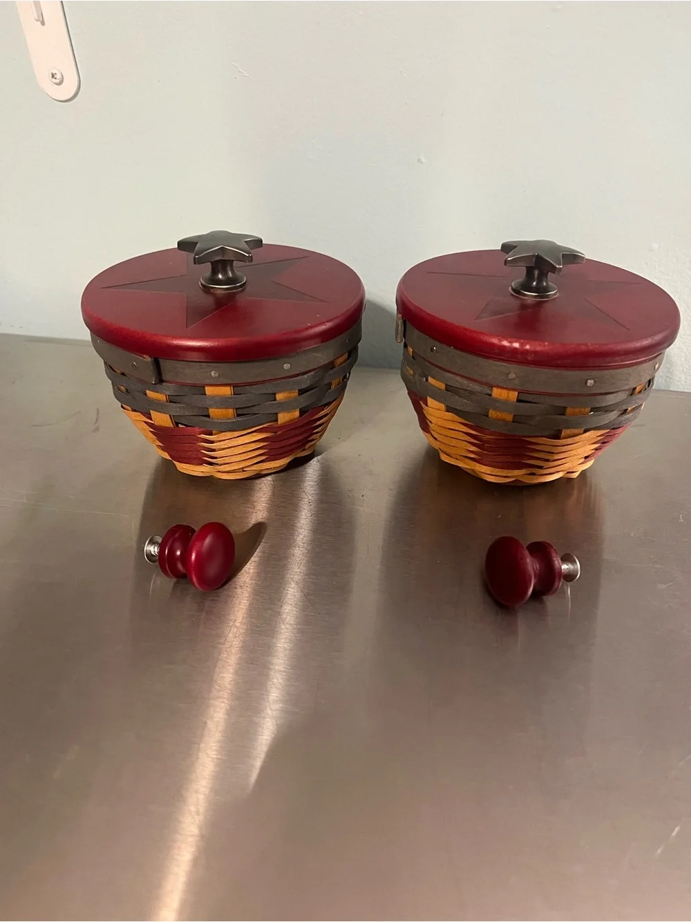 2 Longaberger Baskets, Protectors, Wood Lids and Extra Lid Handles